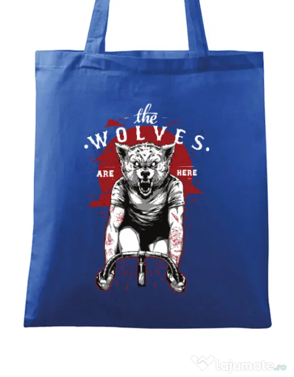 Sacosa din panza The wolves are here Albastru regal