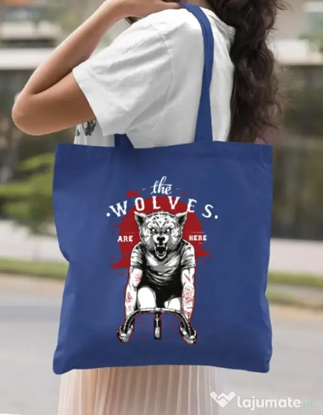 Sacosa din panza The wolves are here Albastru regal
