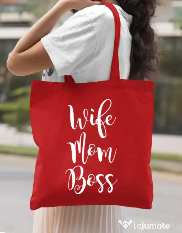 Sacosa din panza Wife mom boss Rosu
