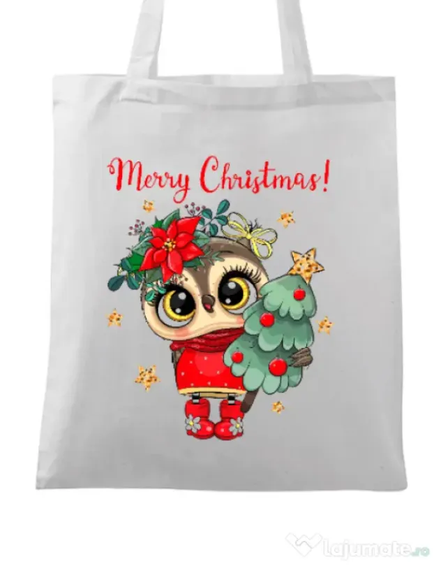 Sacosa din panza Xmas Owl Alb