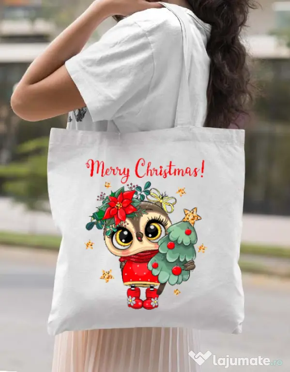 Sacosa din panza Xmas Owl Alb