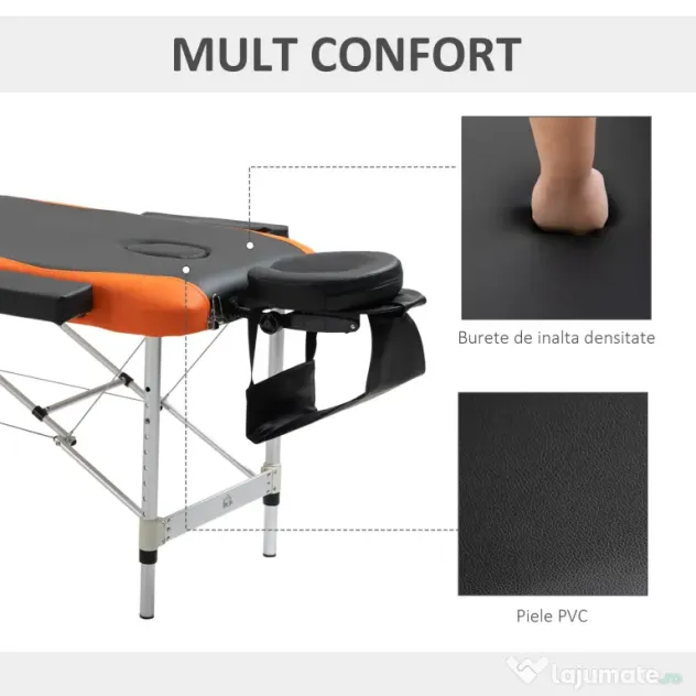 Masa pentru Masaj HOMCOM, 214x60 cm, Negru și Portocaliu, Design Ergonomic, Ușor de Transportat, Ideală pentru Saloni și Acasă | Aosom România