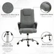 Vinsetto Scaun Birou Ergonomic cu Basculare, Înălțime și Înclinare Reglabilă, Capacitate 120 kg, 62x76x110-119 cm, Gri | Aosom Romania