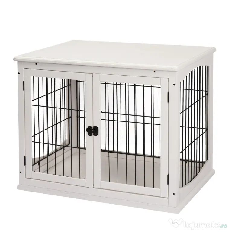 PawHut Casuta pentru Caini de Interior, Canisa pentru Animale din Lemn si Metal cu Usa Dubla, 58,5 x 81 x 66 cm, Alba | Aosom Romania
