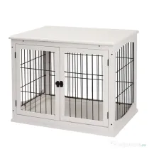 PawHut Casuta pentru Caini de Interior, Canisa pentru Animale din Lemn si Metal cu Usa Dubla, 58,5 x 81 x 66 cm, Alba | Aosom Romania