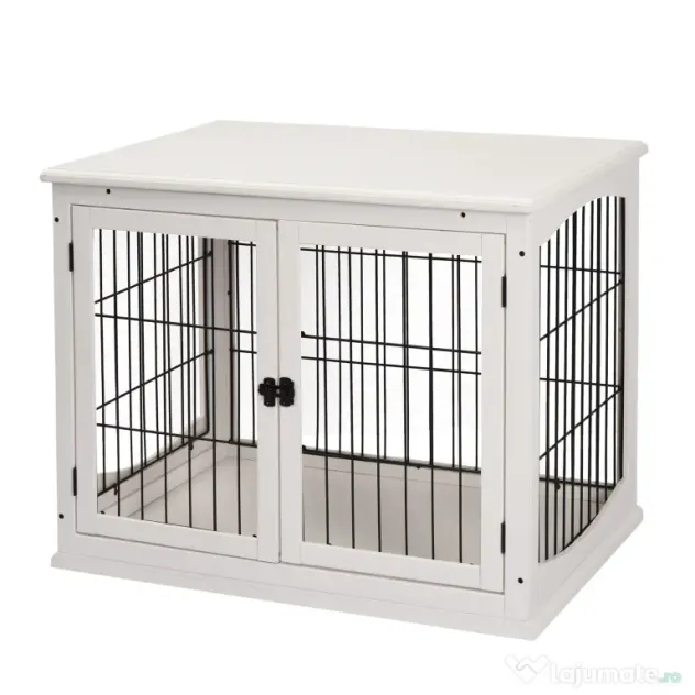PawHut Casuta pentru Caini de Interior, Canisa pentru Animale din Lemn si Metal cu Usa Dubla, 58,5 x 81 x 66 cm, Alba | Aosom Romania
