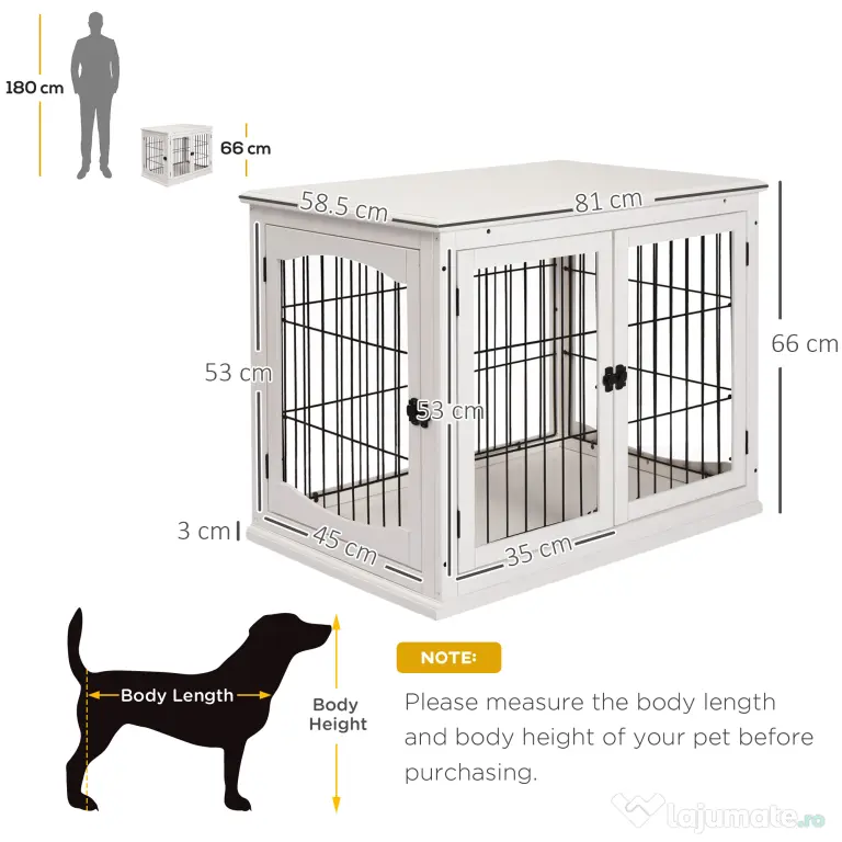 PawHut Casuta pentru Caini de Interior, Canisa pentru Animale din Lemn si Metal cu Usa Dubla, 58,5 x 81 x 66 cm, Alba | Aosom Romania