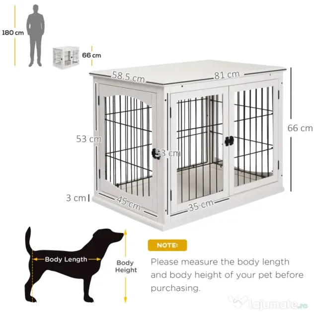 PawHut Casuta pentru Caini de Interior, Canisa pentru Animale din Lemn si Metal cu Usa Dubla, 58,5 x 81 x 66 cm, Alba | Aosom Romania