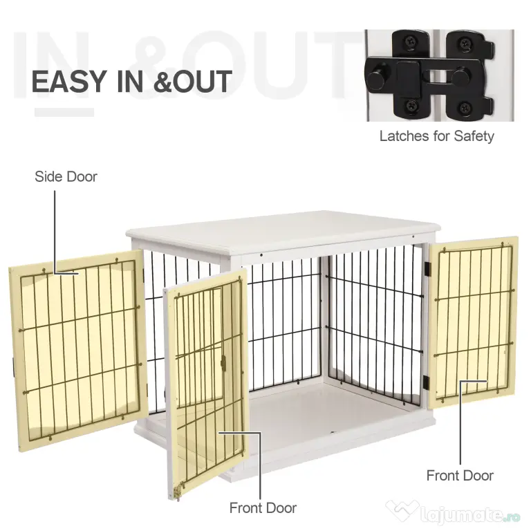 PawHut Casuta pentru Caini de Interior, Canisa pentru Animale din Lemn si Metal cu Usa Dubla, 58,5 x 81 x 66 cm, Alba | Aosom Romania