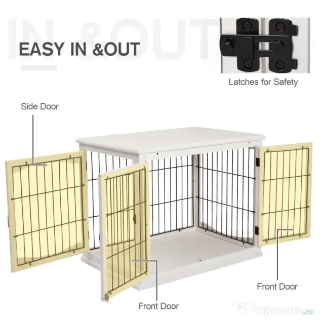 PawHut Casuta pentru Caini de Interior, Canisa pentru Animale din Lemn si Metal cu Usa Dubla, 58,5 x 81 x 66 cm, Alba | Aosom Romania