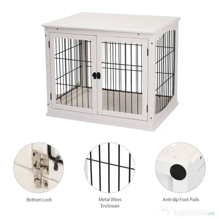 PawHut Casuta pentru Caini de Interior, Canisa pentru Animale din Lemn si Metal cu Usa Dubla, 58,5 x 81 x 66 cm, Alba | Aosom Romania