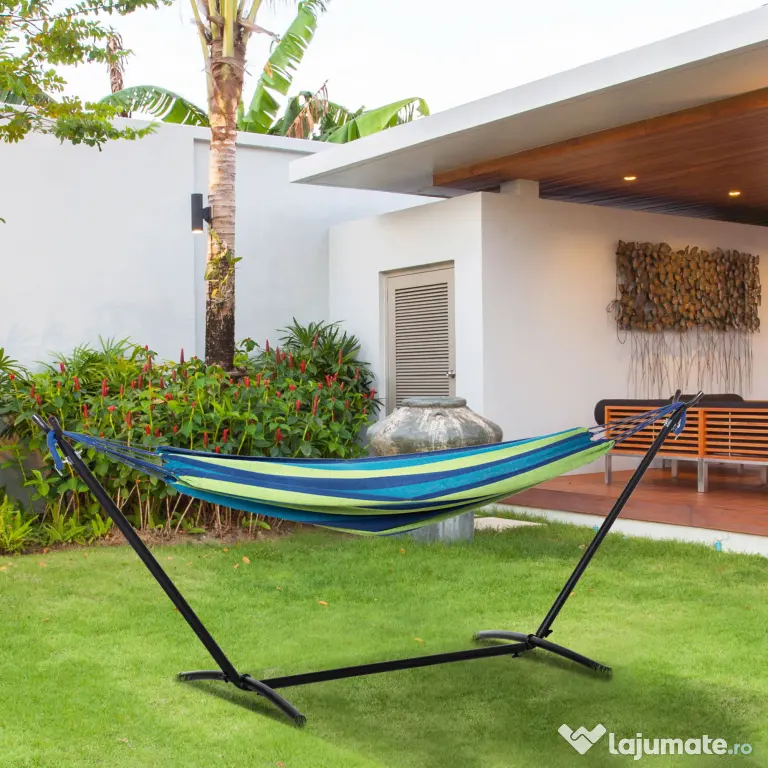 Outsunny Hamac de Grădină Suspendat 310x117 cm cu Înălțime Reglabilă și Suport, Capacitate 120 kg, Hamac Independent cu Geantă de Transport, pentru Camping, Grădină, Balcon, Patio, Verde și Albastru | Aosom Romania