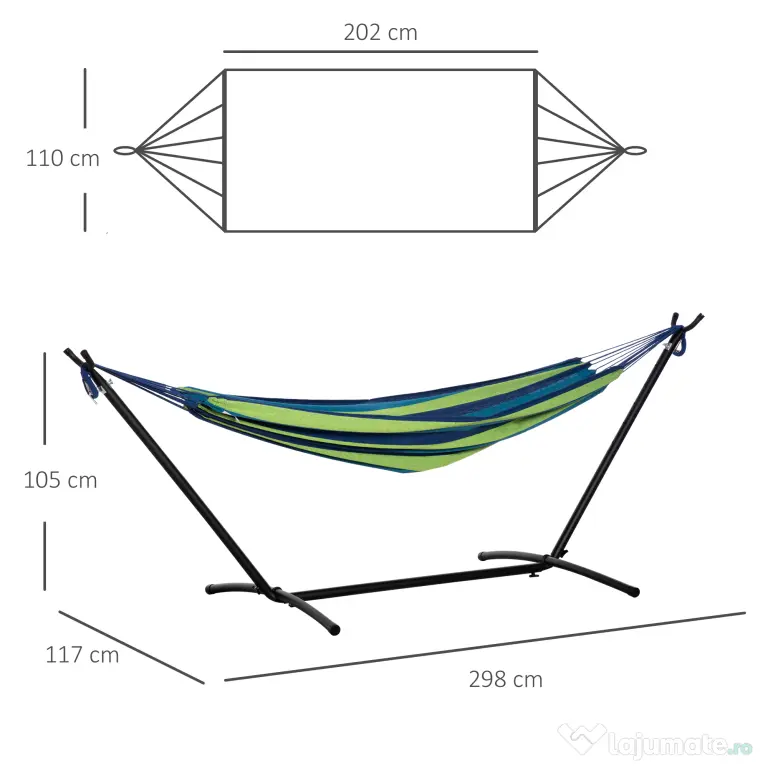 Outsunny Hamac de Grădină Suspendat 310x117 cm cu Înălțime Reglabilă și Suport, Capacitate 120 kg, Hamac Independent cu Geantă de Transport, pentru Camping, Grădină, Balcon, Patio, Verde și Albastru | Aosom Romania