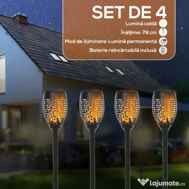 Outsunny Set 4 Lămpi LED de Exterior cu Energie Solară și Țăruși, Ø12x72 cm, Negru | Aosom Romania