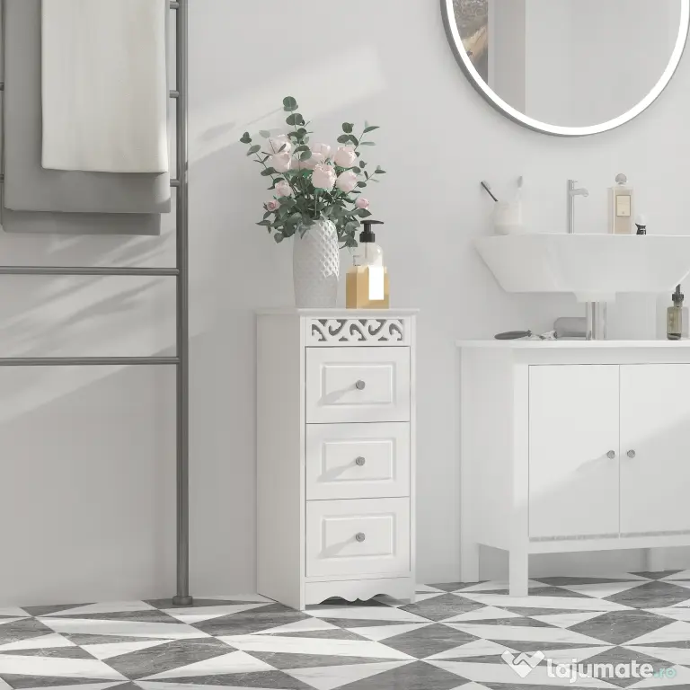 HOMCOM Comodă Baie Elegantă Lemn cu 3 Sertare Design Compact 29.8x29.8x68.5cm Alb | Aosom Romania