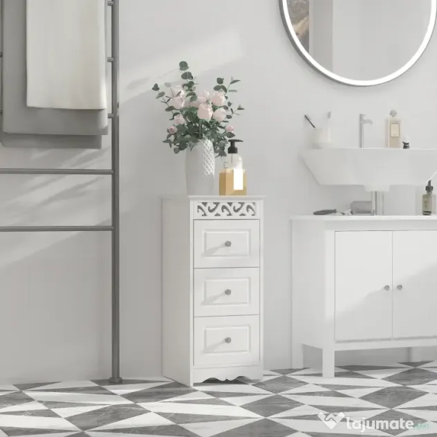 HOMCOM Comodă Baie Elegantă Lemn cu 3 Sertare Design Compact 29.8x29.8x68.5cm Alb | Aosom Romania