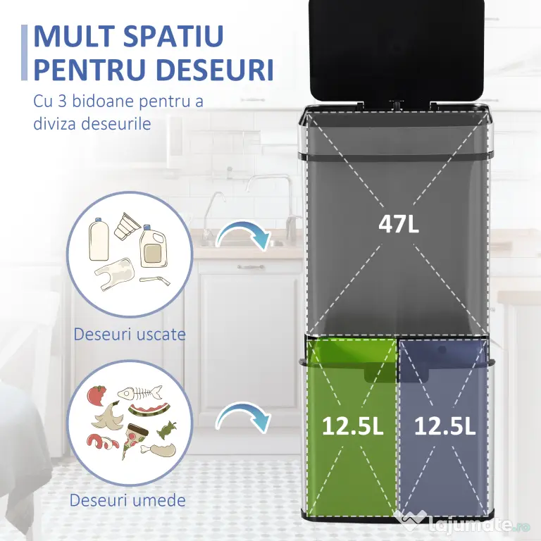 Cos de gunoi inteligent cu senzor HOMCOM, Capacitate 72 l, 42x30x81cm, Inox / ABS, Argintiu | Aosom Romania
