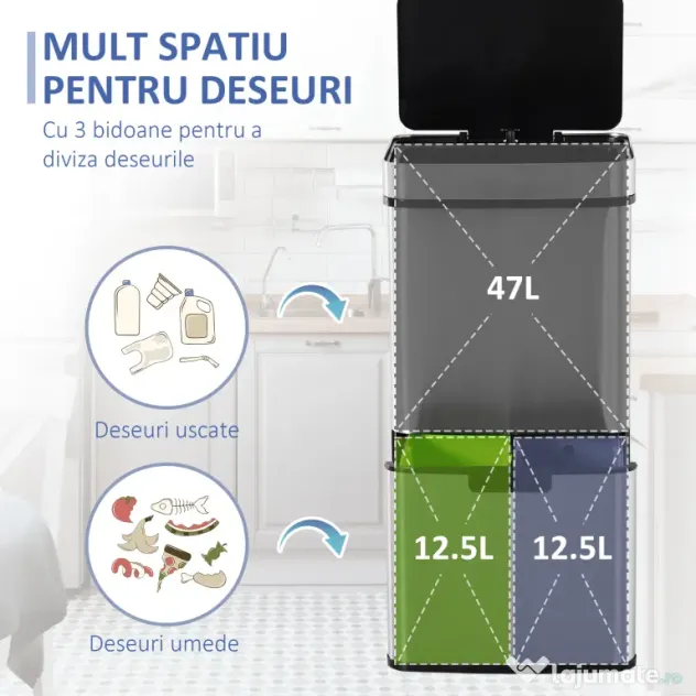 Cos de gunoi inteligent cu senzor HOMCOM, Capacitate 72 l, 42x30x81cm, Inox / ABS, Argintiu | Aosom Romania