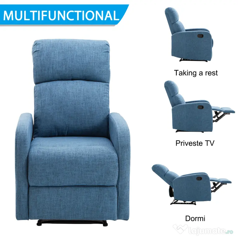 Fotoliu Relax Rabatabil Manual cu Taburet Capacitate maxima 125kg Tesatura de Lin 66 × 95 × 99cm Albastru HOMCOM | Aosom Romania