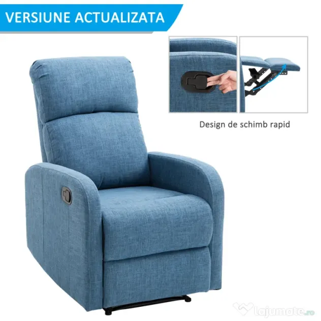 Fotoliu Relax Rabatabil Manual cu Taburet Capacitate maxima 125kg Tesatura de Lin 66 × 95 × 99cm Albastru HOMCOM | Aosom Romania