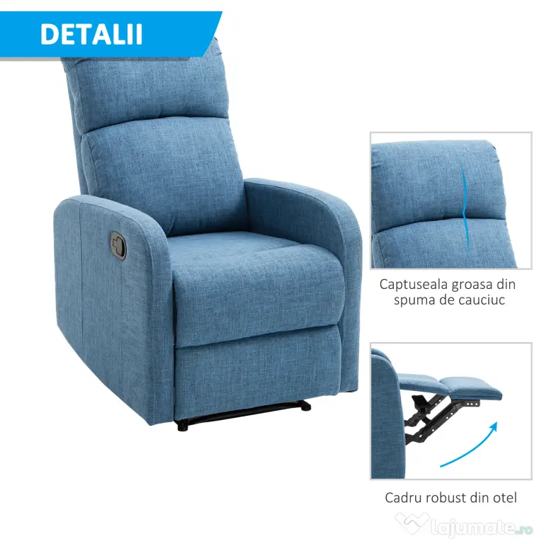 Fotoliu Relax Rabatabil Manual cu Taburet Capacitate maxima 125kg Tesatura de Lin 66 × 95 × 99cm Albastru HOMCOM | Aosom Romania