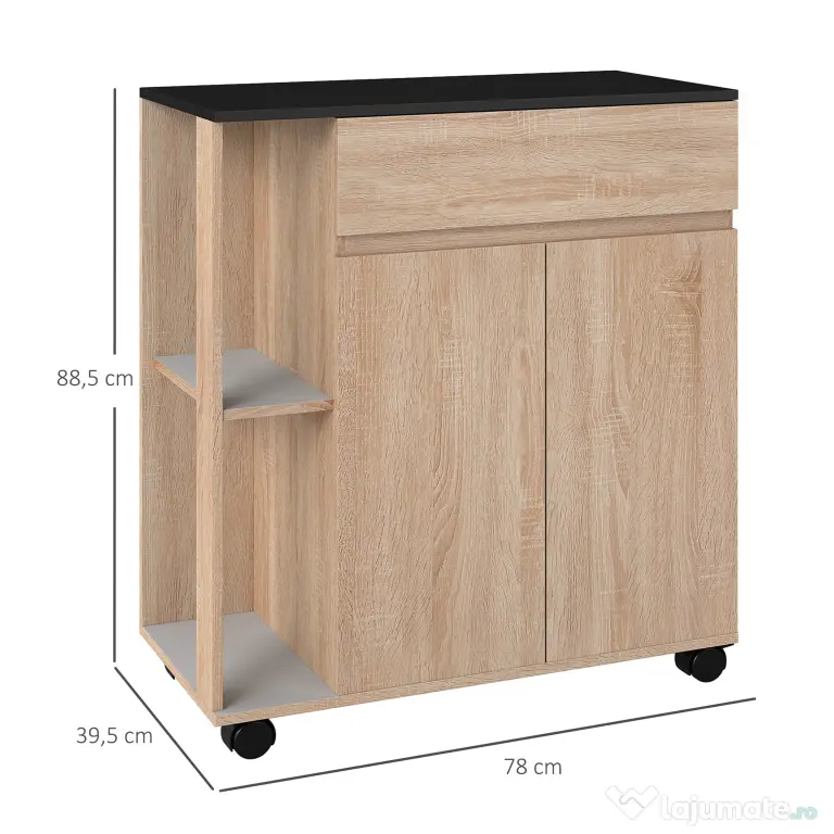HOMCOM Dulapior de Bucătărie cu Sertare și Roți, Mobilier din Lemn, 78x39.5x88.5 cm, Stejar & Negru | Aosom Romania