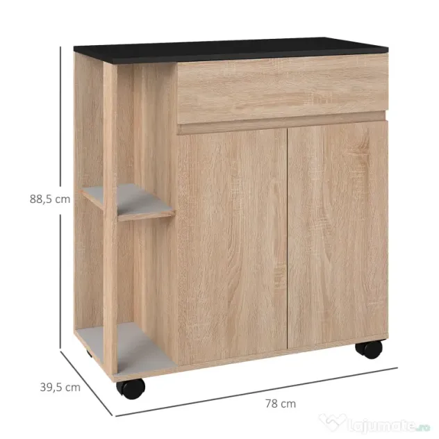 HOMCOM Dulapior de Bucătărie cu Sertare și Roți, Mobilier din Lemn, 78x39.5x88.5 cm, Stejar & Negru | Aosom Romania