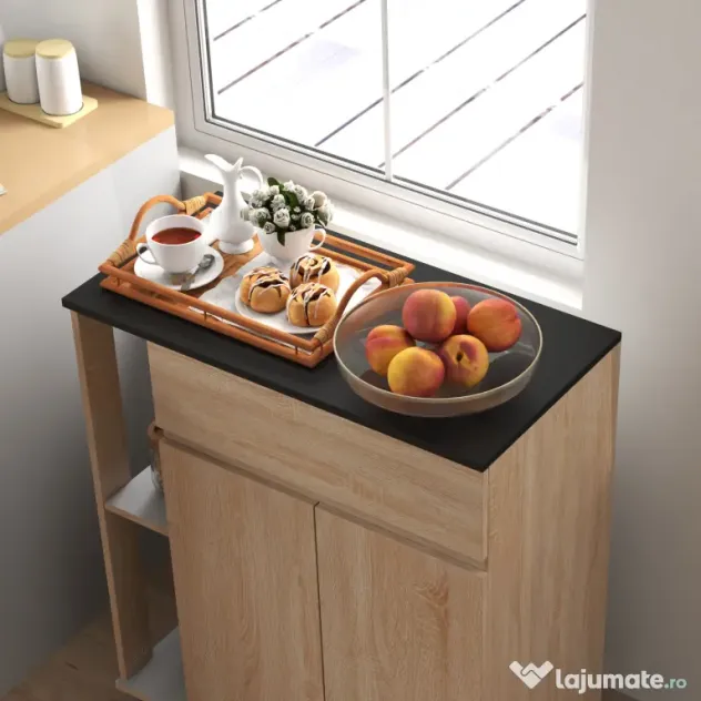 HOMCOM Dulapior de Bucătărie cu Sertare și Roți, Mobilier din Lemn, 78x39.5x88.5 cm, Stejar & Negru | Aosom Romania