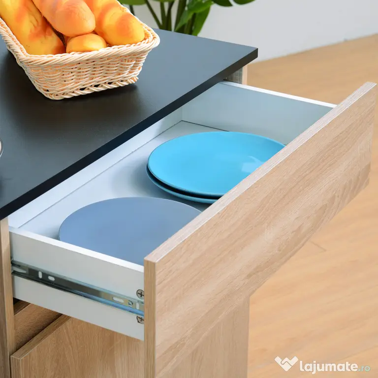 HOMCOM Dulapior de Bucătărie cu Sertare și Roți, Mobilier din Lemn, 78x39.5x88.5 cm, Stejar & Negru | Aosom Romania