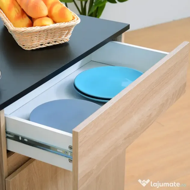 HOMCOM Dulapior de Bucătărie cu Sertare și Roți, Mobilier din Lemn, 78x39.5x88.5 cm, Stejar & Negru | Aosom Romania