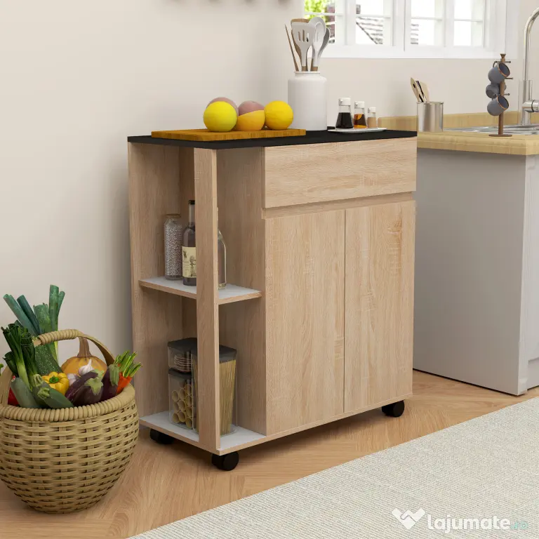 HOMCOM Dulapior de Bucătărie cu Sertare și Roți, Mobilier din Lemn, 78x39.5x88.5 cm, Stejar & Negru | Aosom Romania