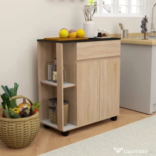 HOMCOM Dulapior de Bucătărie cu Sertare și Roți, Mobilier din Lemn, 78x39.5x88.5 cm, Stejar & Negru | Aosom Romania