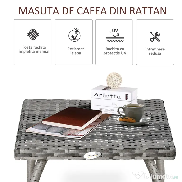 Masa Outsunny din Ratan sintetic pentru Exterior, Gradina, Terasa Impermeabilă Gri 45x45x44cm | Aosom Romania