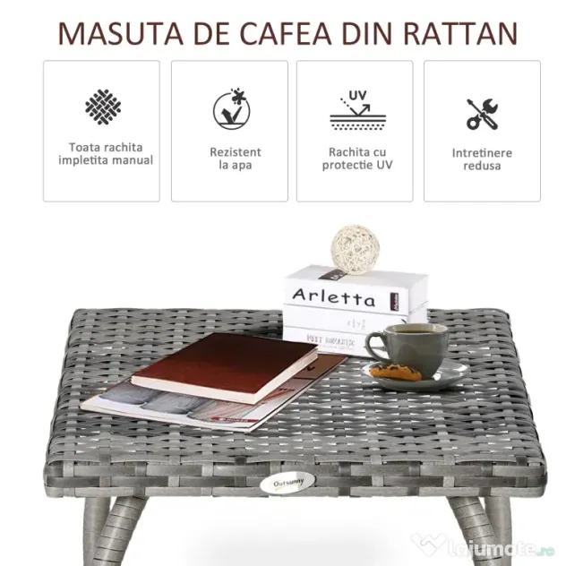 Masa Outsunny din Ratan sintetic pentru Exterior, Gradina, Terasa Impermeabilă Gri 45x45x44cm | Aosom Romania