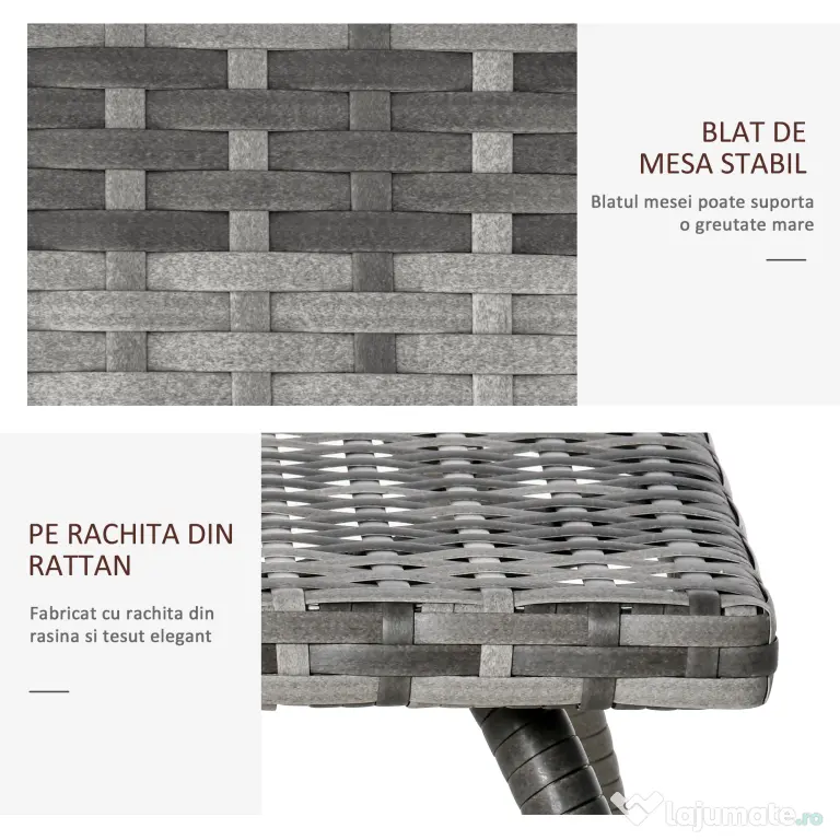 Masa Outsunny din Ratan sintetic pentru Exterior, Gradina, Terasa Impermeabilă Gri 45x45x44cm | Aosom Romania