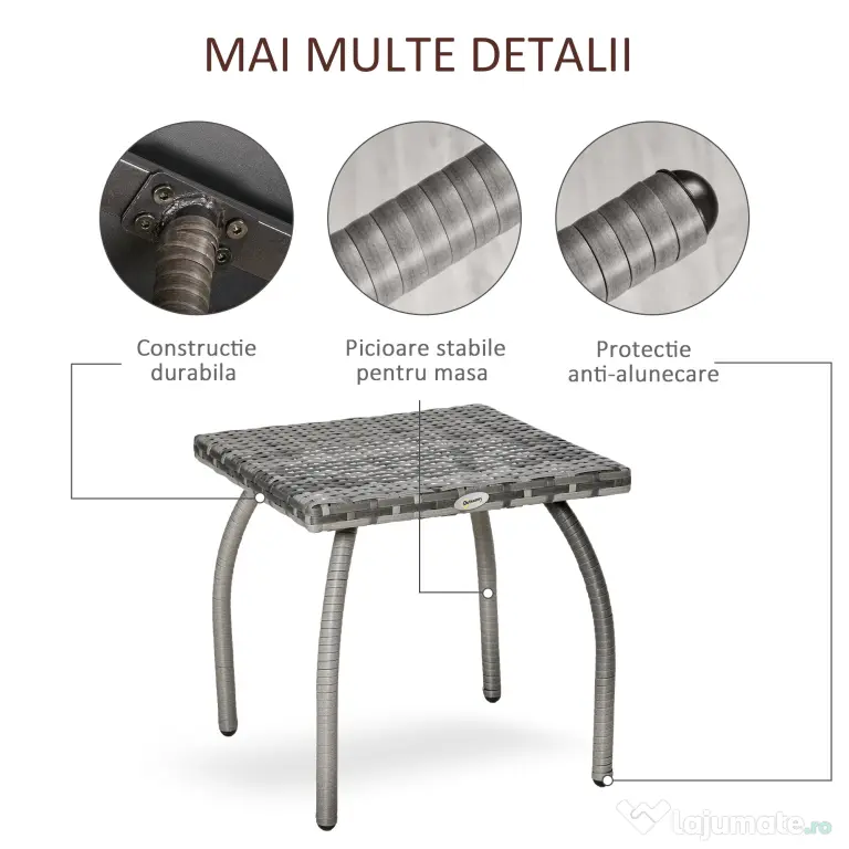 Masa Outsunny din Ratan sintetic pentru Exterior, Gradina, Terasa Impermeabilă Gri 45x45x44cm | Aosom Romania