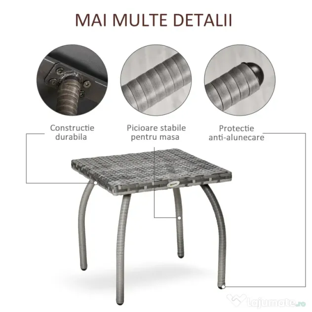 Masa Outsunny din Ratan sintetic pentru Exterior, Gradina, Terasa Impermeabilă Gri 45x45x44cm | Aosom Romania