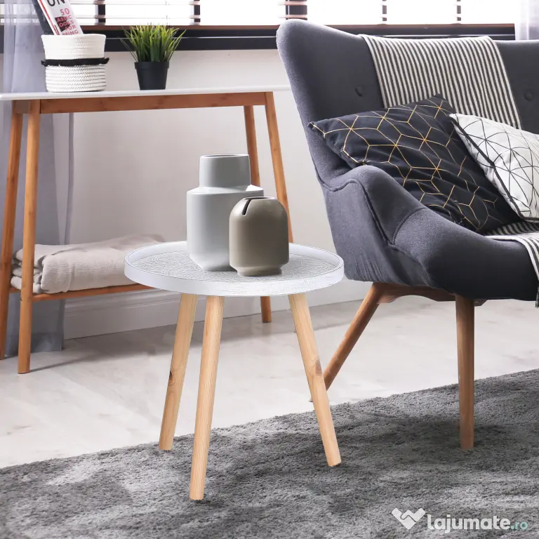 Masuta de Salon Moderna Rotunda HOMCOM, Masuta de Cafea cu Margine Ridicata si Trei Picioare, pentru Camera si Sufragerie, din Lemn Alb si Auriu