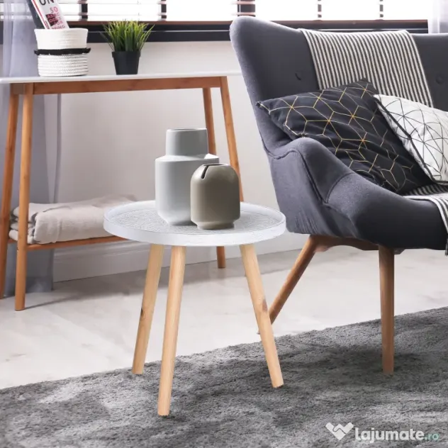 Masuta de Salon Moderna Rotunda HOMCOM, Masuta de Cafea cu Margine Ridicata si Trei Picioare, pentru Camera si Sufragerie, din Lemn Alb si Auriu