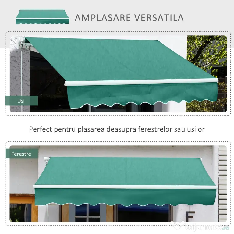 Copertina Soare Retractabila cu Manivela, Outsunny, Metal si Aluminiu, Verde, 400x250cm | Aosom Romania