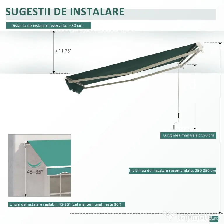 Copertina Soare Retractabila cu Manivela, Outsunny, Metal si Aluminiu, Verde, 400x250cm | Aosom Romania