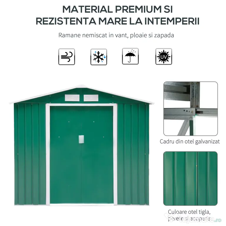 Outsunny Magazie de Grădină pentru Unelte din Tablă de Oțel cu Uși Culisante, 213x130x185 cm, Verde | Aosom Romania