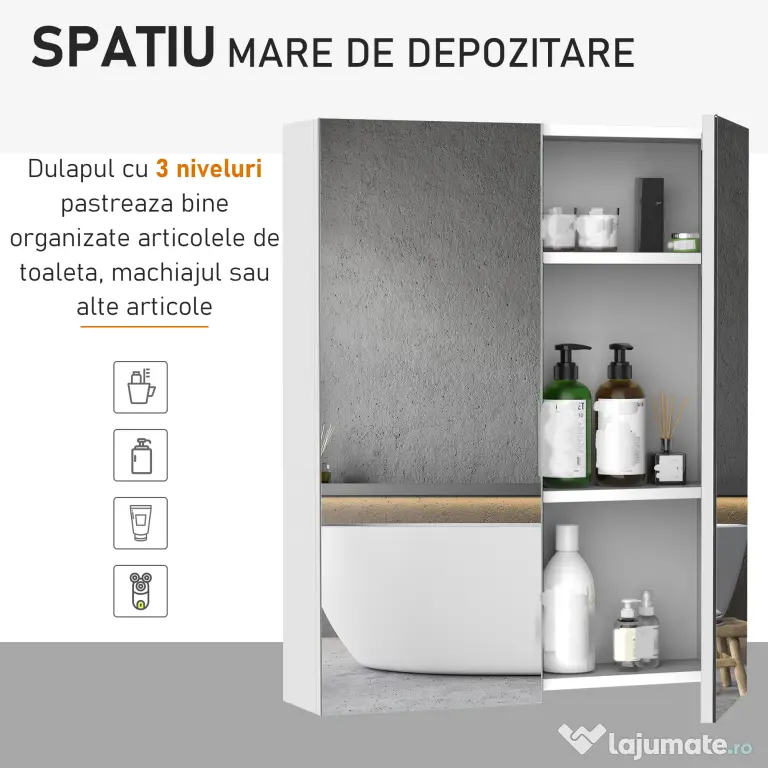 HOMCOM mobilier baie dulap cu oglinda, 60x75x15cm, MDF alb | Aosom Romania