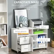 Homcom Dulap Suport Imprimanta – Alb cu Sertare, Roti & Depozitare