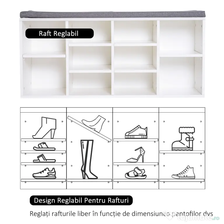 HOMCOM Bancheta Pantofar cu Rafturi Reglabile, Mobilier Hol din Lemn, Alb și Gri, 104x30x48cm | Aosom Romania
