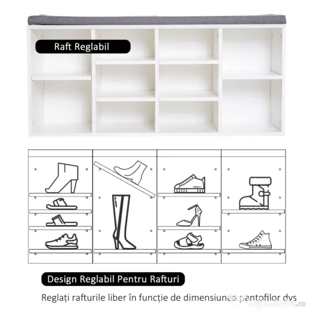 HOMCOM Bancheta Pantofar cu Rafturi Reglabile, Mobilier Hol din Lemn, Alb și Gri, 104x30x48cm | Aosom Romania