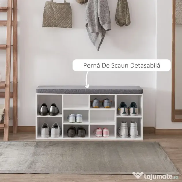 HOMCOM Bancheta Pantofar cu Rafturi Reglabile, Mobilier Hol din Lemn, Alb și Gri, 104x30x48cm | Aosom Romania