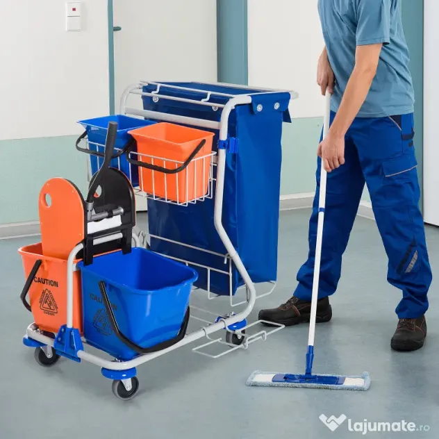 Homcom Carucior Curatenie Profesional cu 4 Galeti, Storcator si Mop