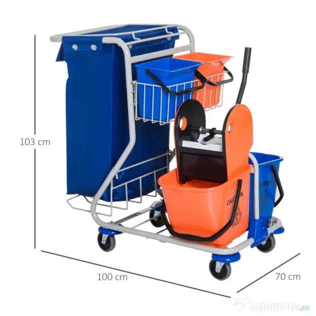 Homcom Carucior Curatenie Profesional cu 4 Galeti, Storcator si Mop