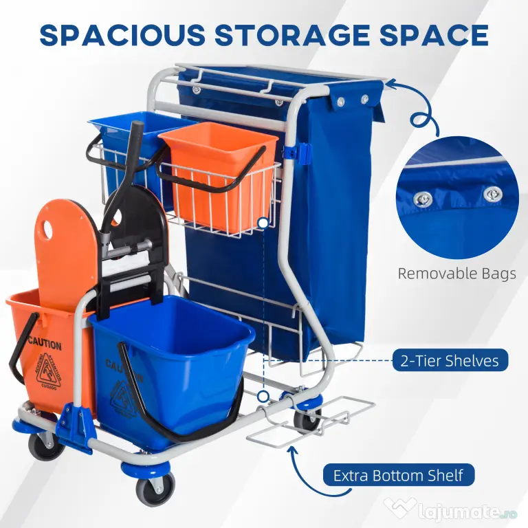 Homcom Carucior Curatenie Profesional cu 4 Galeti, Storcator si Mop